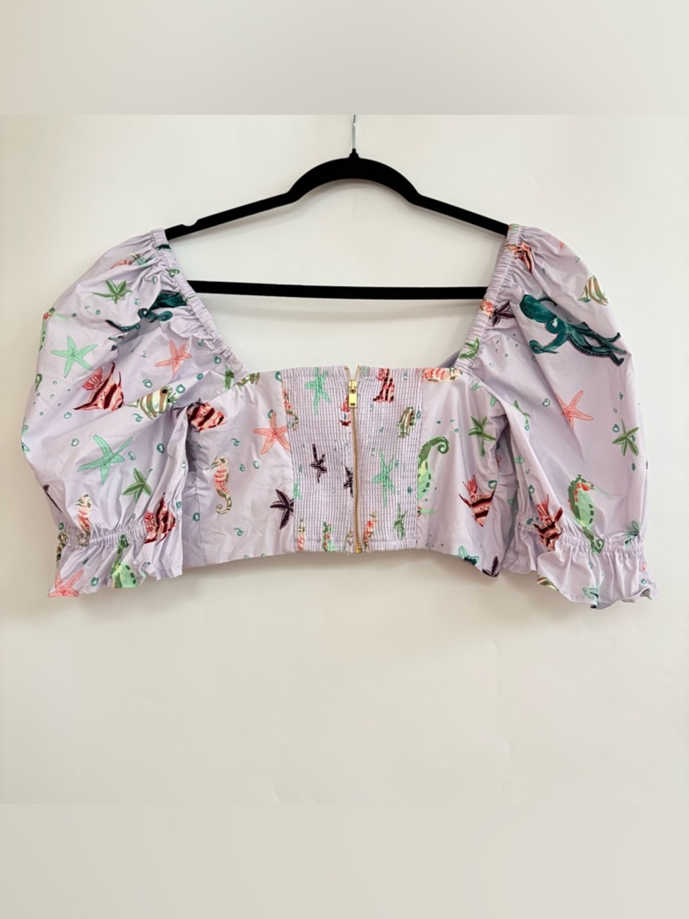 Hill House Isabella Crop Top Sea Creatures Lilac Puff Sleeve Tie Front Size S - Picture 5 of 7